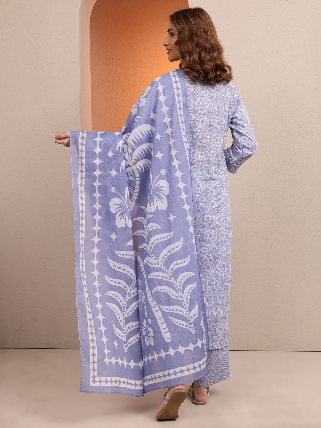 Lavender Printed Cotton Straight Suit Set With Dupatta