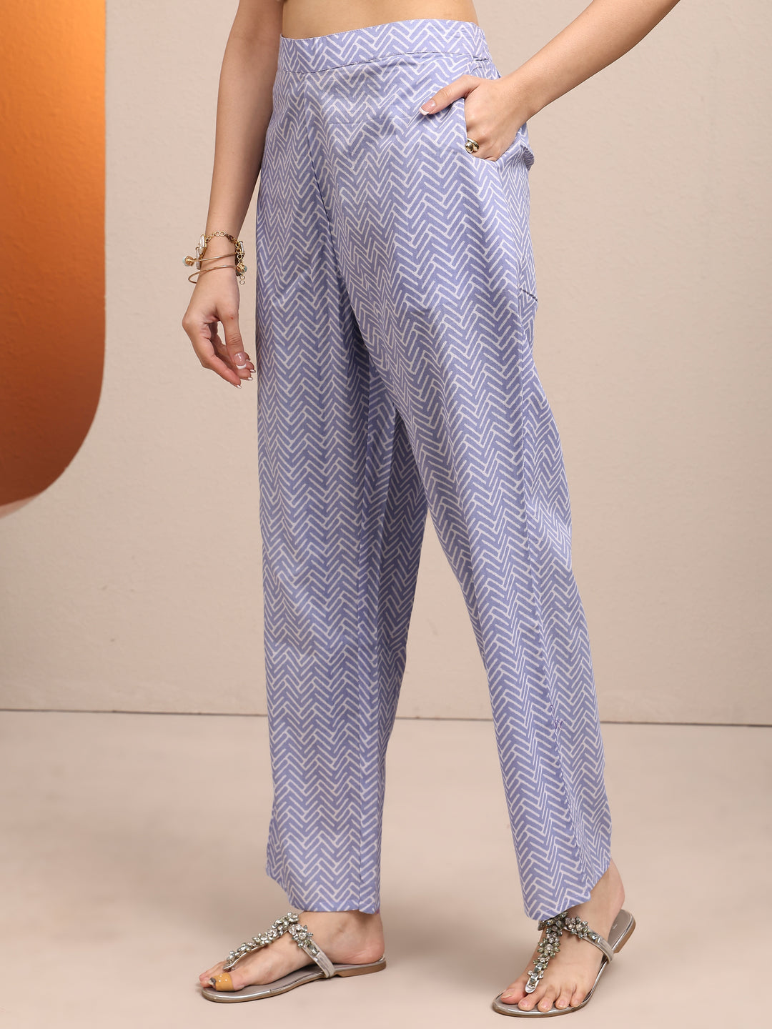 Lavender Printed Cotton Straight Suit Set With Dupatta