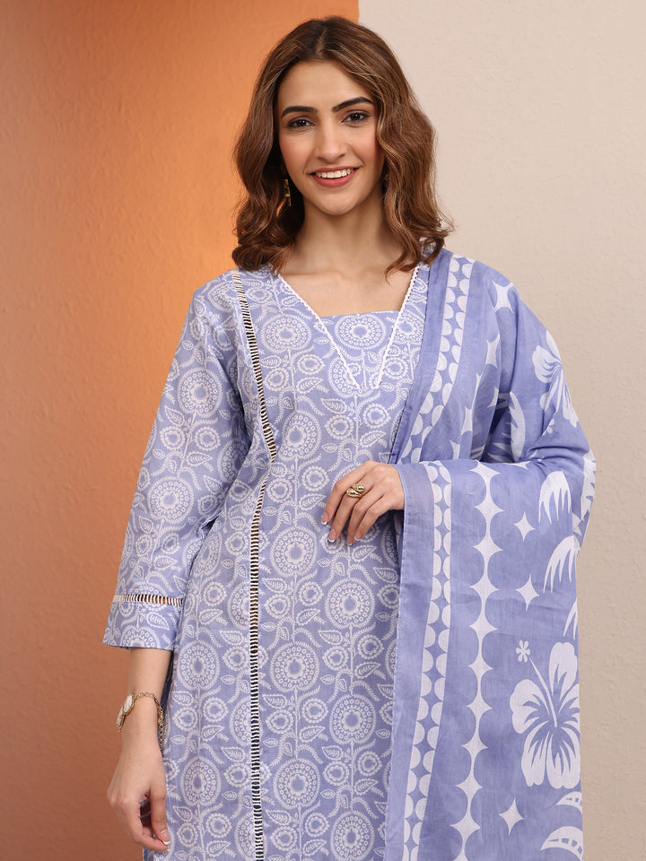 Lavender Printed Cotton Straight Suit Set With Dupatta