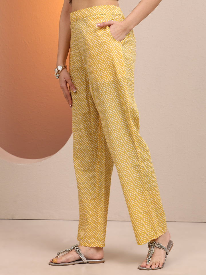 Yellow Printed Cotton Straight Suit Set With Dupatta