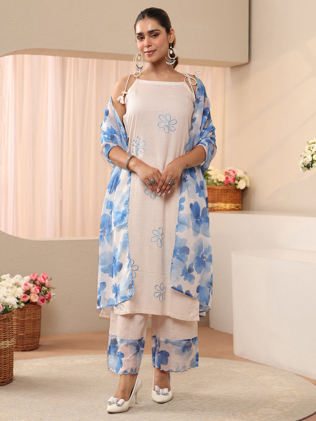 Off White Floral Embroidered Cotton Blend Tie-Up Straight Suit Set