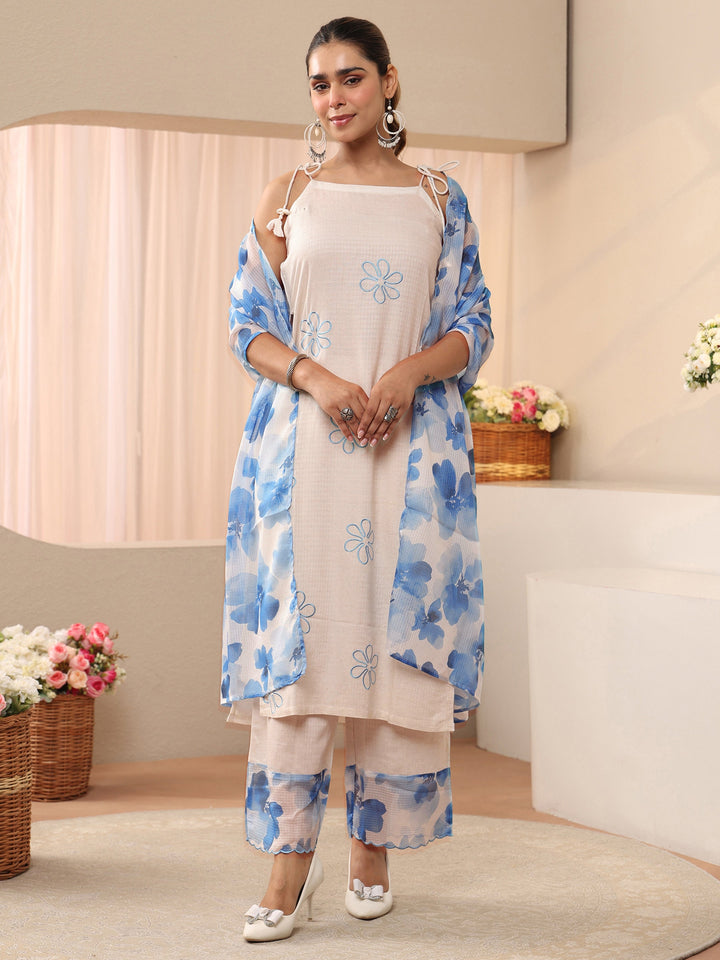 Off White Floral Embroidered Cotton Blend Tie-Up Straight Suit Set