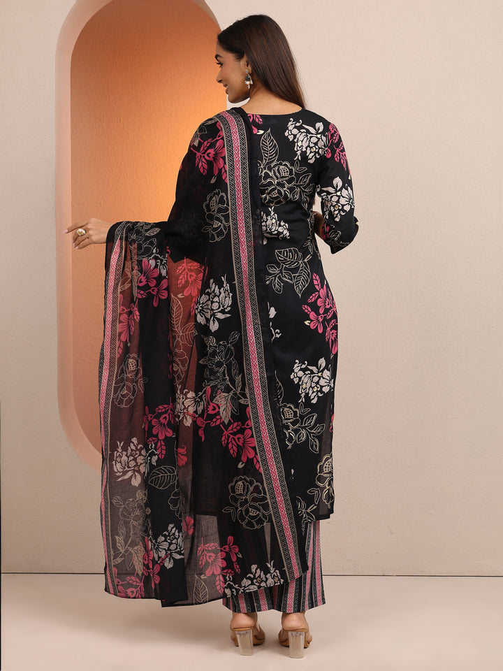 Black Printed cotton blend Straight Suit Set With Dupatta
