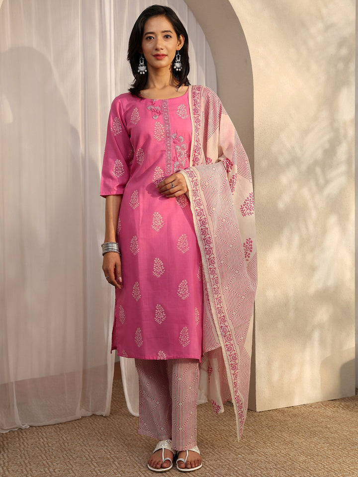 Pink Printed Cotton Straight Suit Set With Dupatta