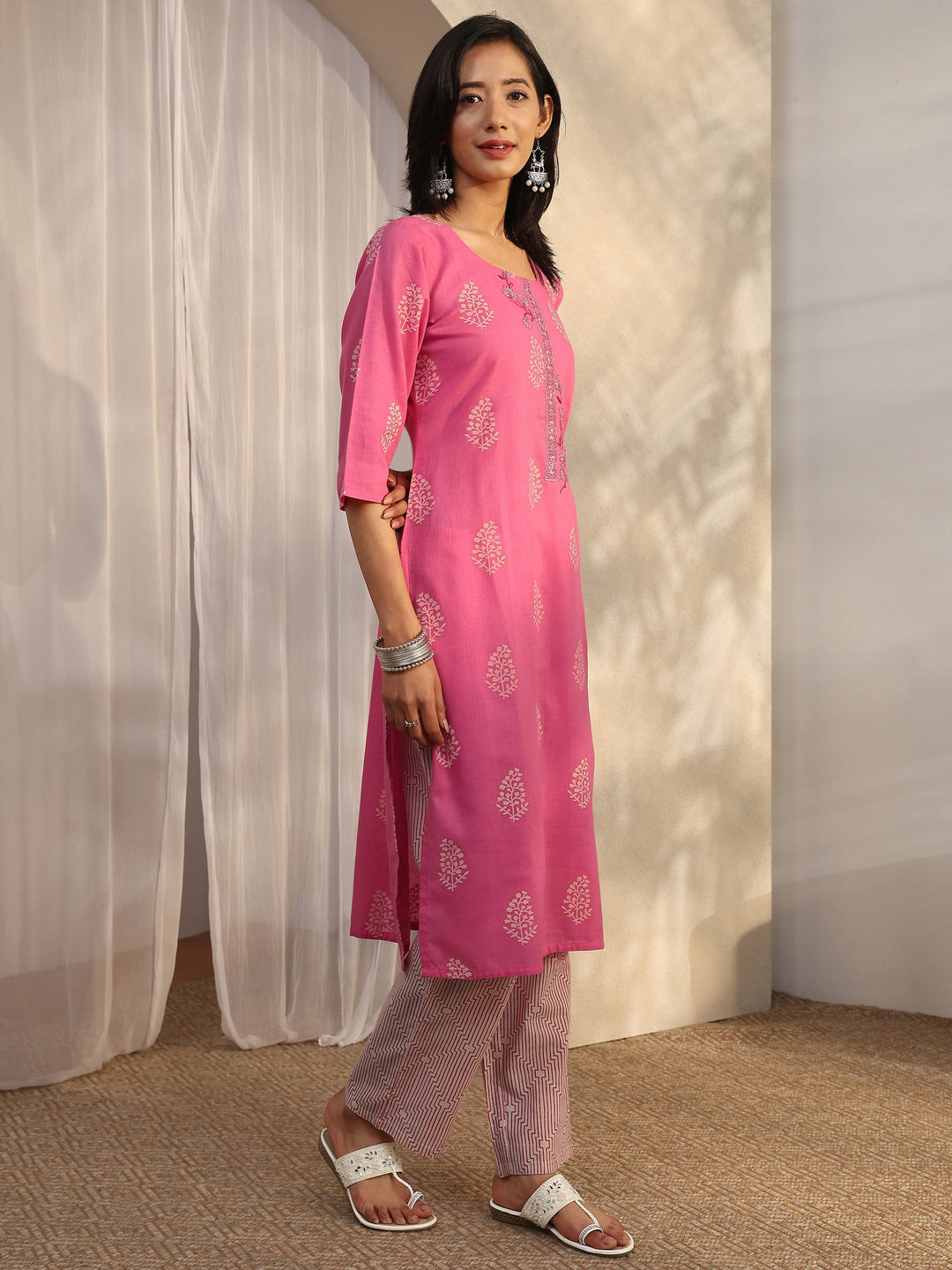 Pink Printed Cotton Straight Suit Set With Dupatta
