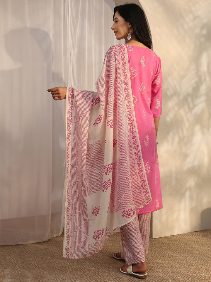 Pink Printed Cotton Straight Suit Set With Dupatta