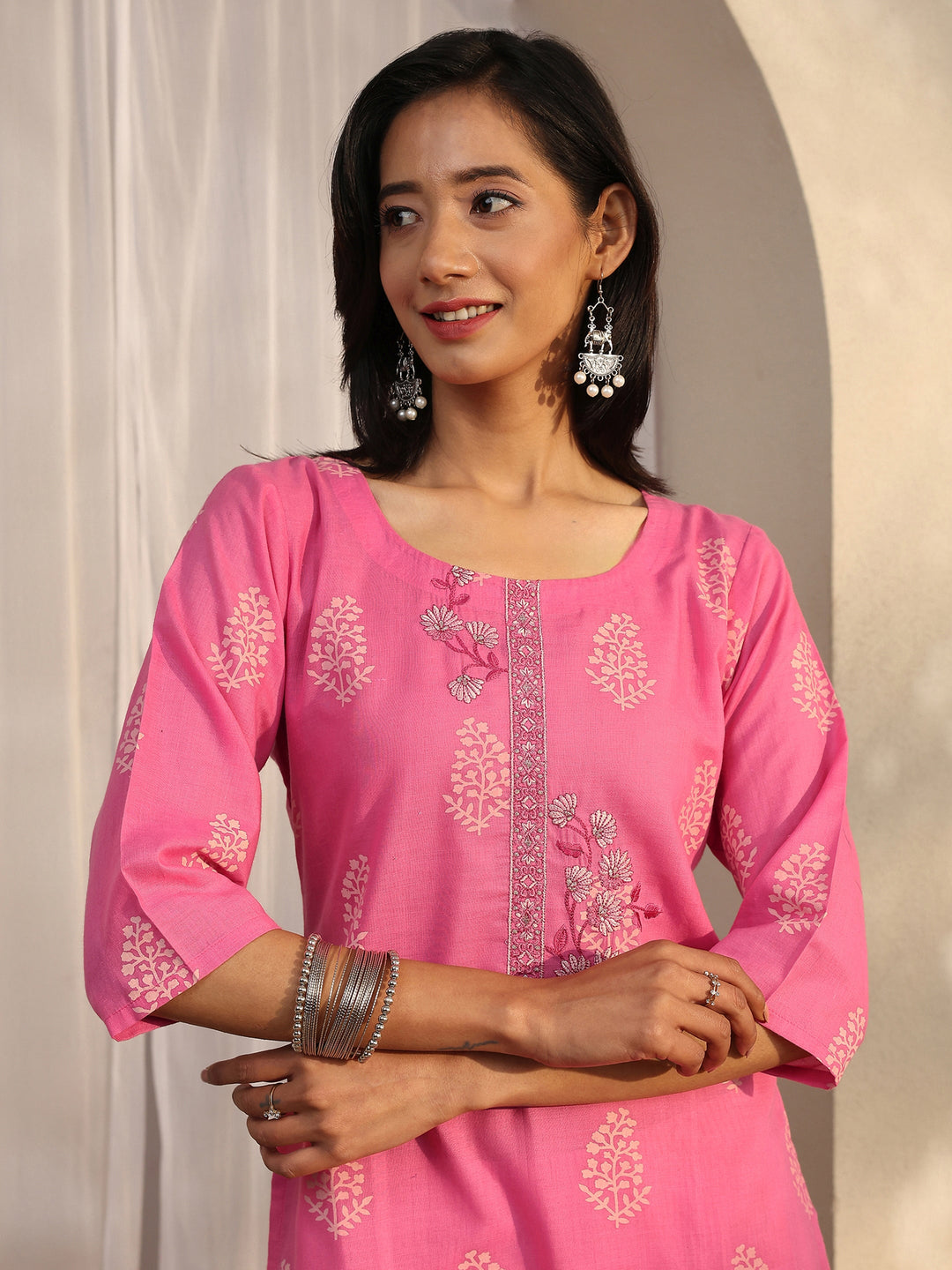 Pink Printed Cotton Straight Suit Set With Dupatta