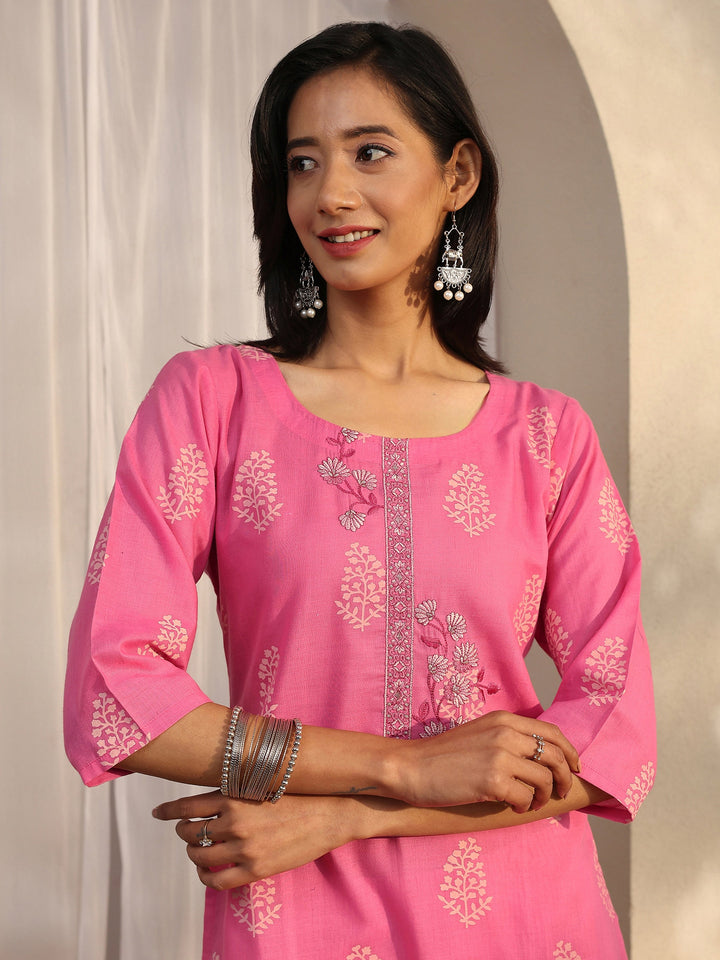 Pink Printed Cotton Straight Suit Set With Dupatta