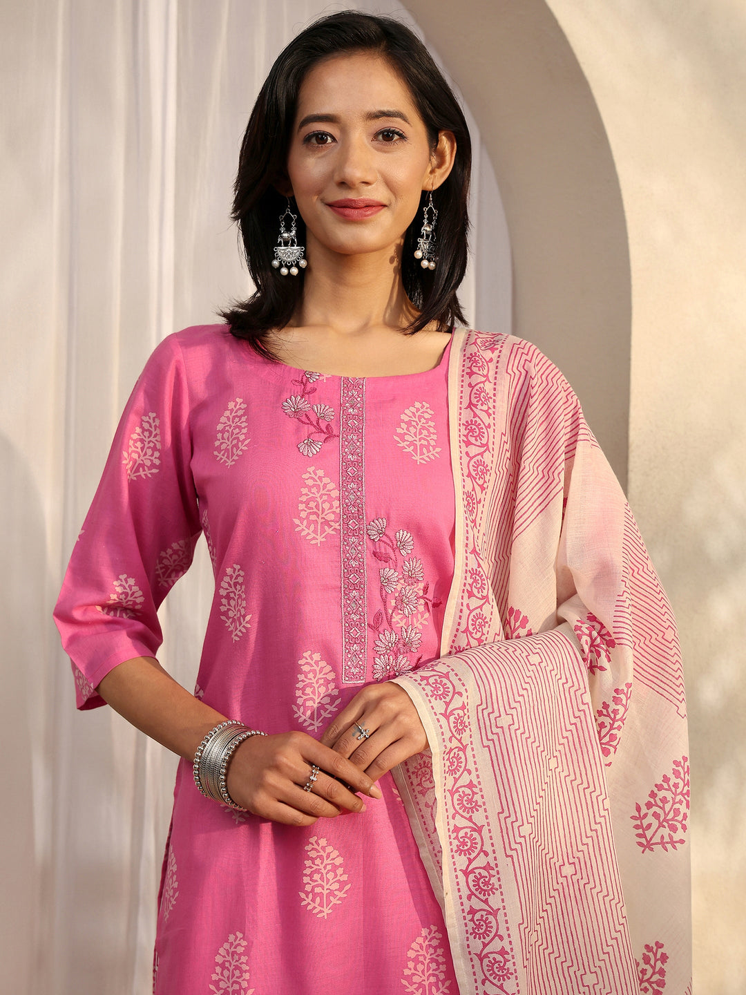 Pink Printed Cotton Straight Suit Set With Dupatta