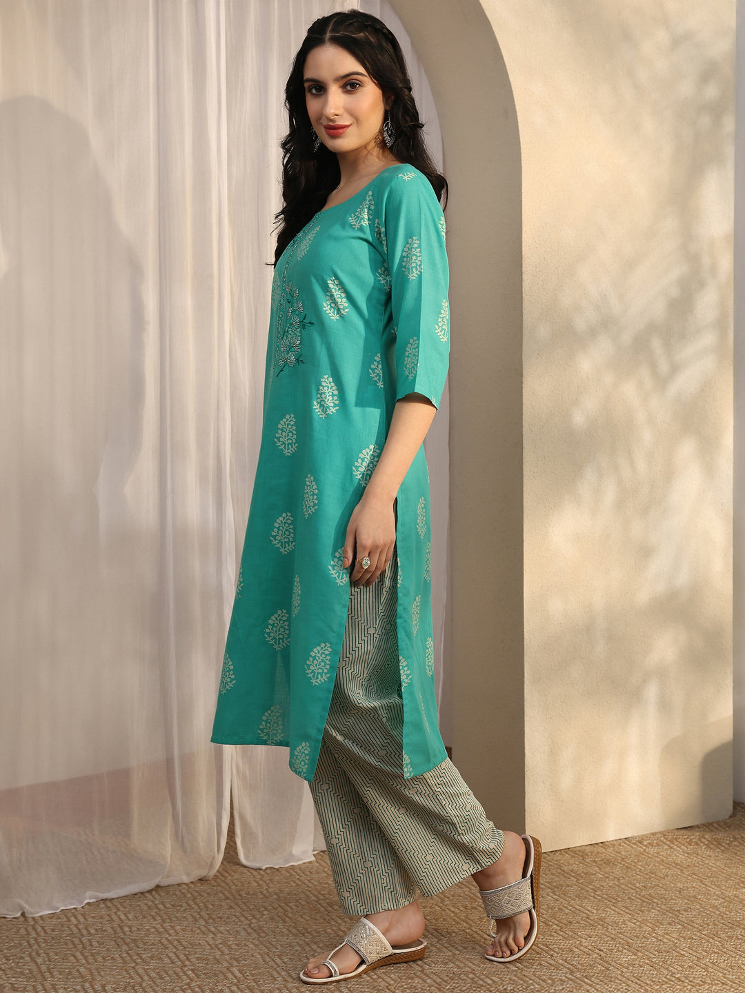 Blue Printed Cotton Straight Suit Set With Dupatta