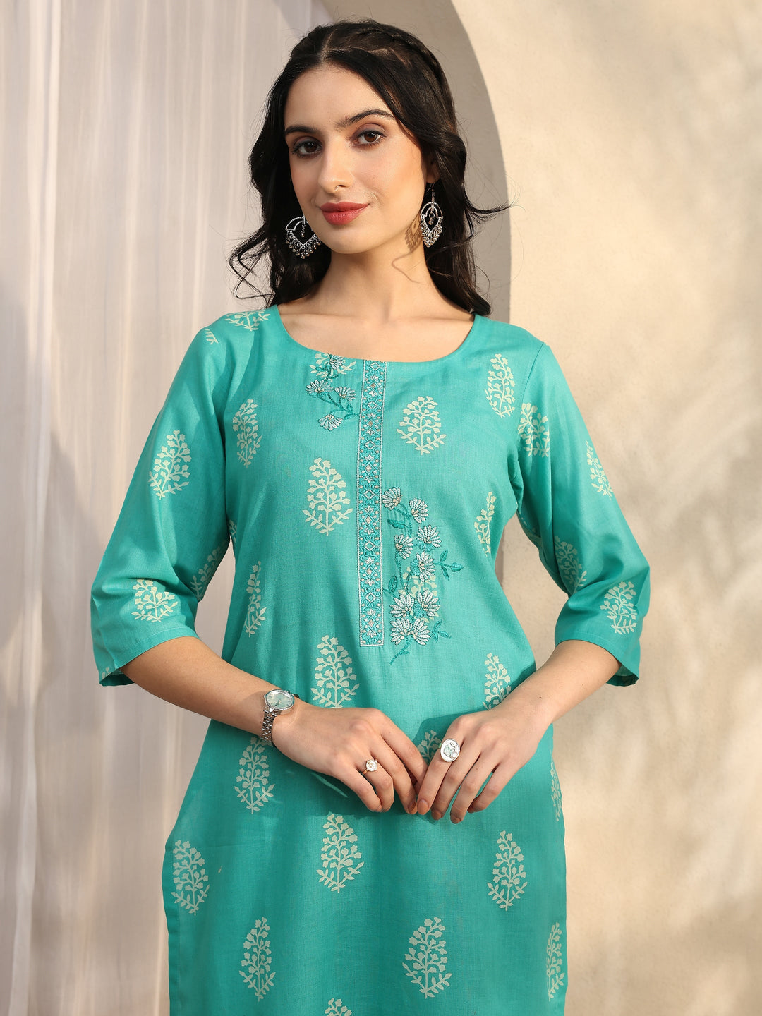 Blue Printed Cotton Straight Suit Set With Dupatta