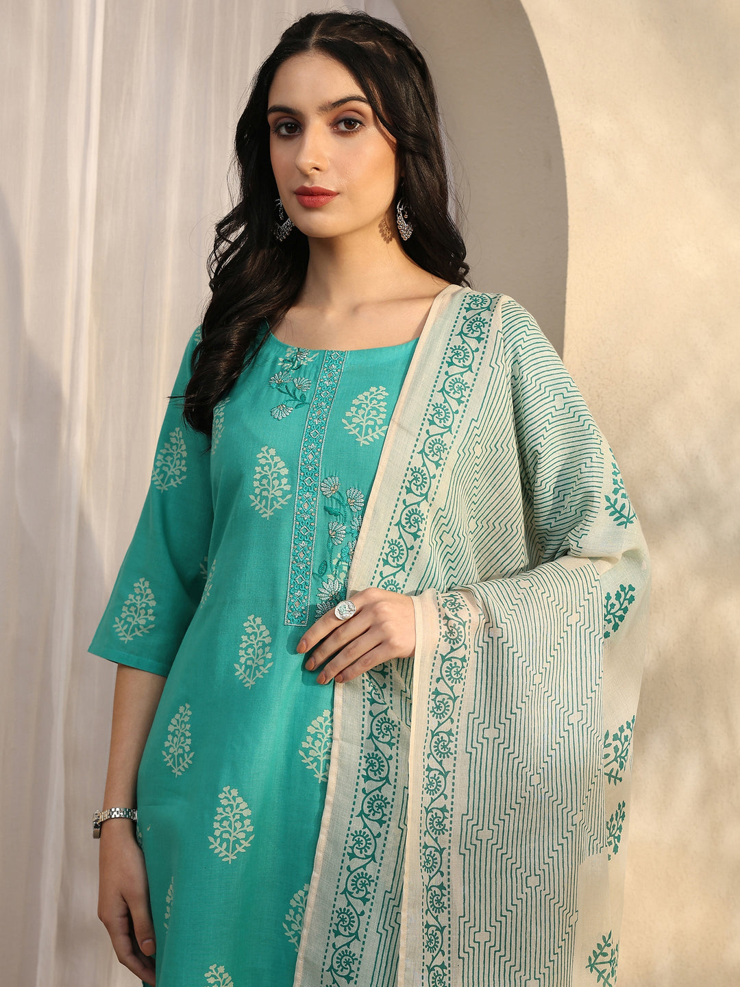 Blue Printed Cotton Straight Suit Set With Dupatta