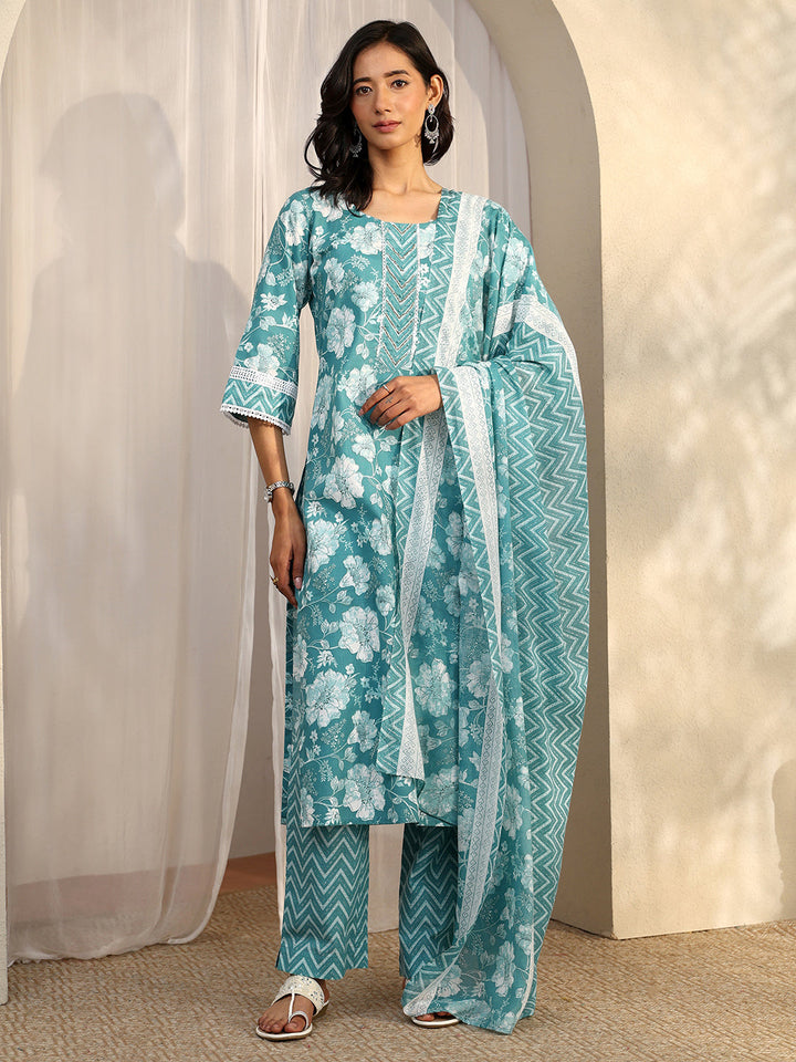 Blue Printed Cotton Blend Straight Suit Set With Dupatta