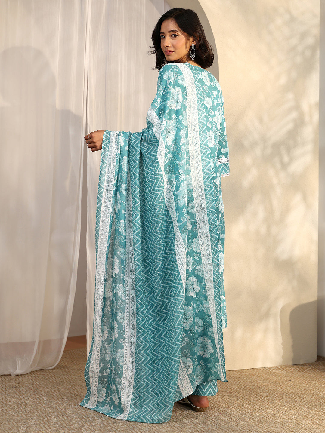 Blue Printed Cotton Blend Straight Suit Set With Dupatta