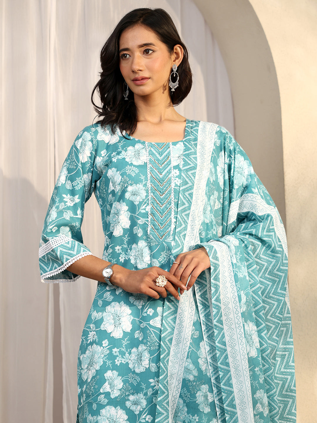 Blue Printed Cotton Blend Straight Suit Set With Dupatta