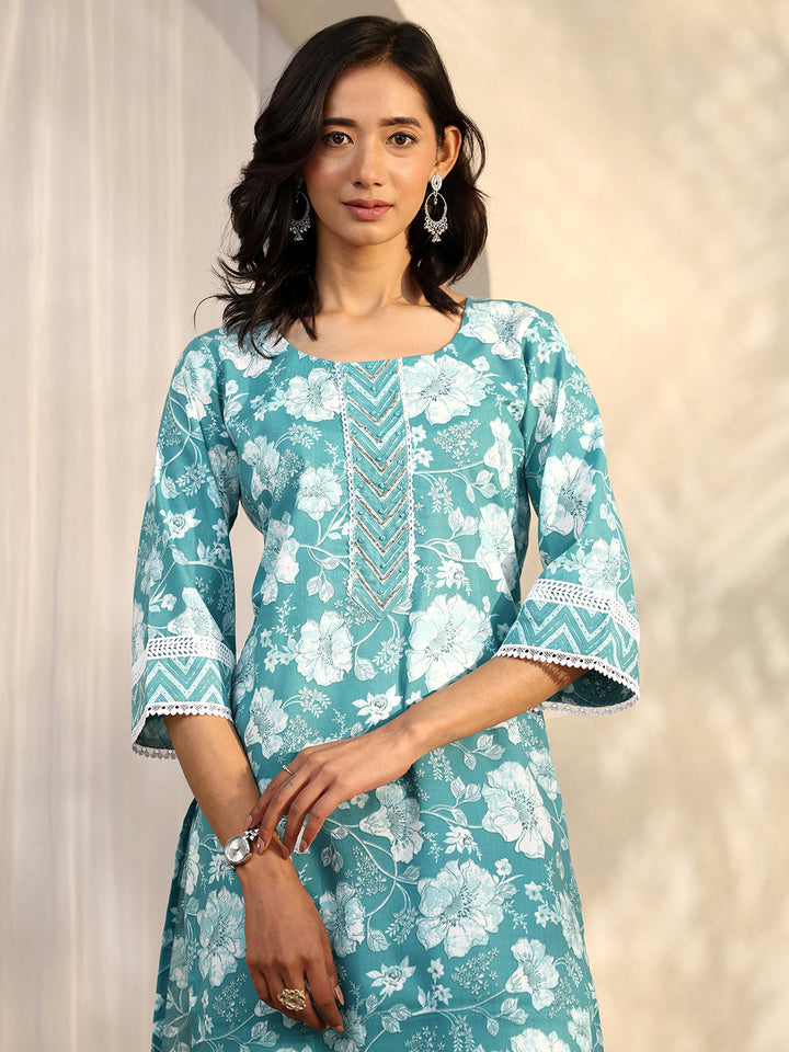 Blue Printed Cotton Blend Straight Suit Set With Dupatta