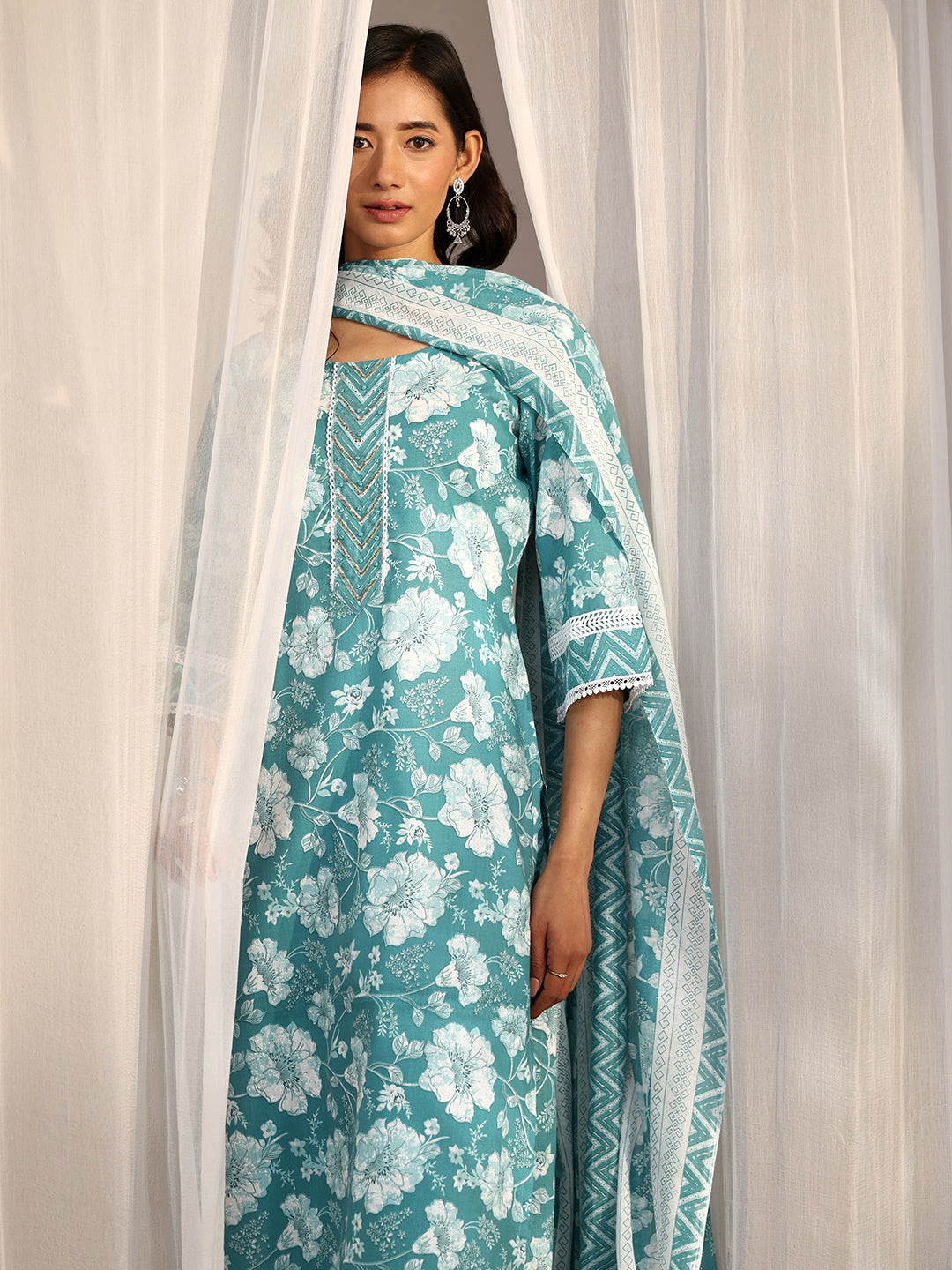 Blue Printed Cotton Blend Straight Suit Set With Dupatta