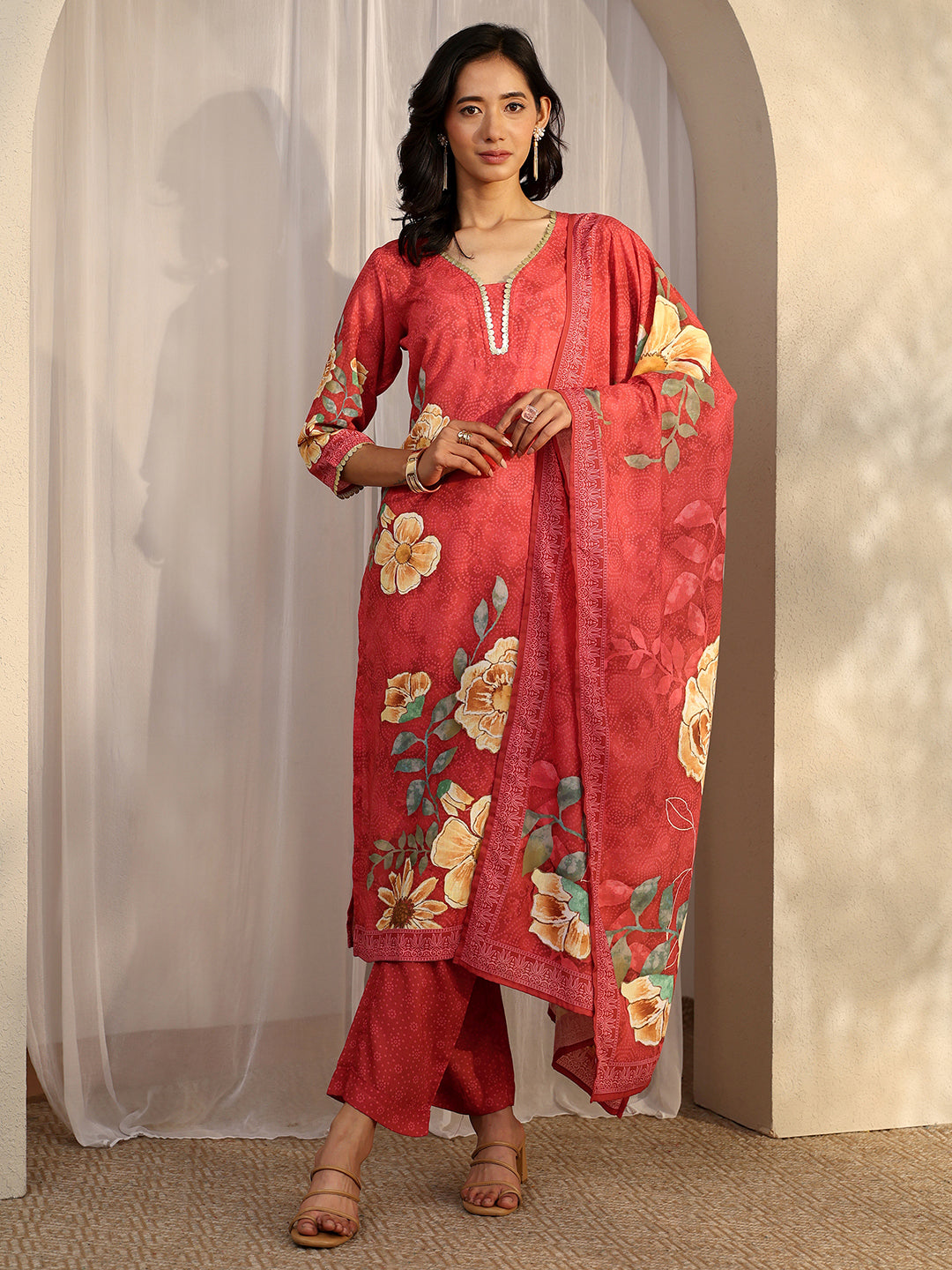 Red Printed Cotton Blend Straight Suit Set With Dupatta