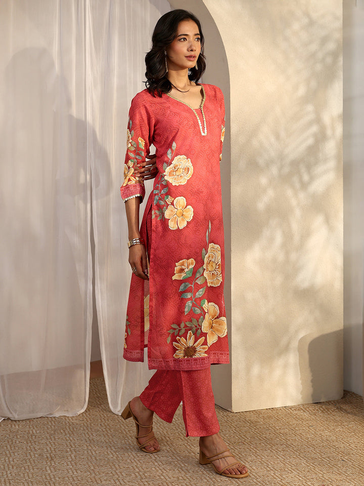 Red Printed Cotton Blend Straight Suit Set With Dupatta