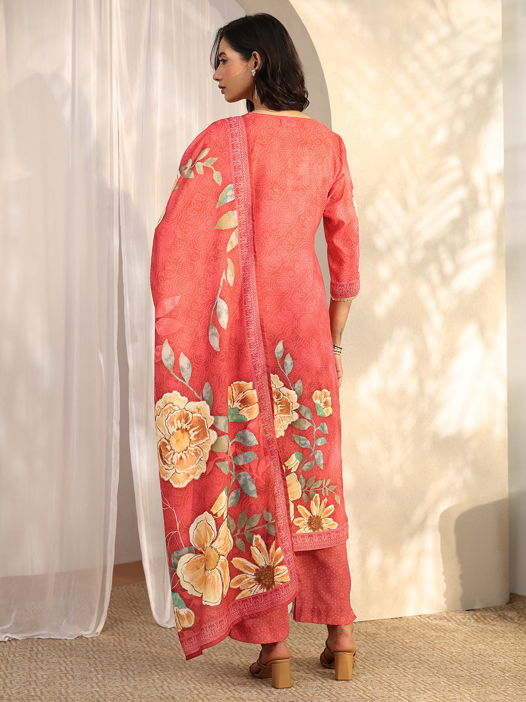 Red Printed Cotton Blend Straight Suit Set With Dupatta