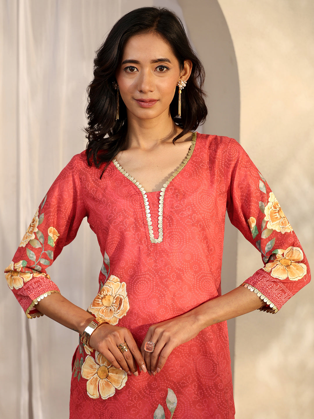 Red Printed Cotton Blend Straight Suit Set With Dupatta