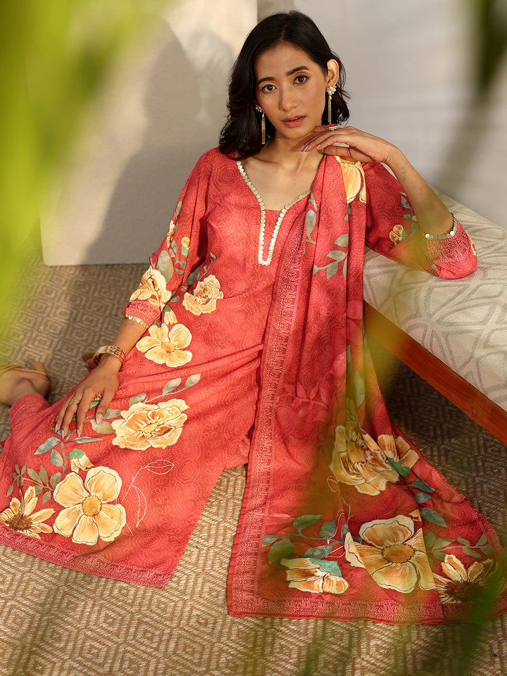 Red Printed Cotton Blend Straight Suit Set With Dupatta