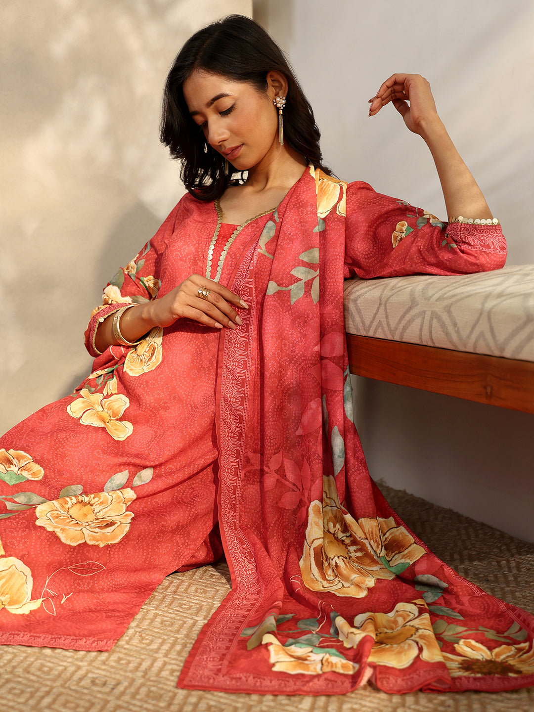 Red Printed Cotton Blend Straight Suit Set With Dupatta