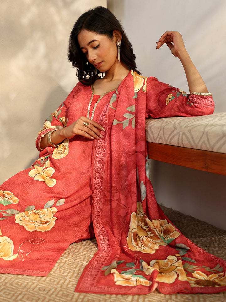 Red Printed Cotton Blend Straight Suit Set With Dupatta