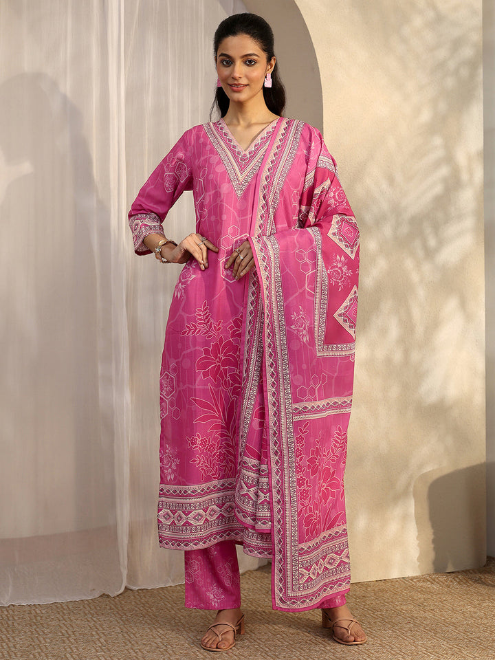 Pink Printed Cotton Blend Straight Suit Set With Dupatta