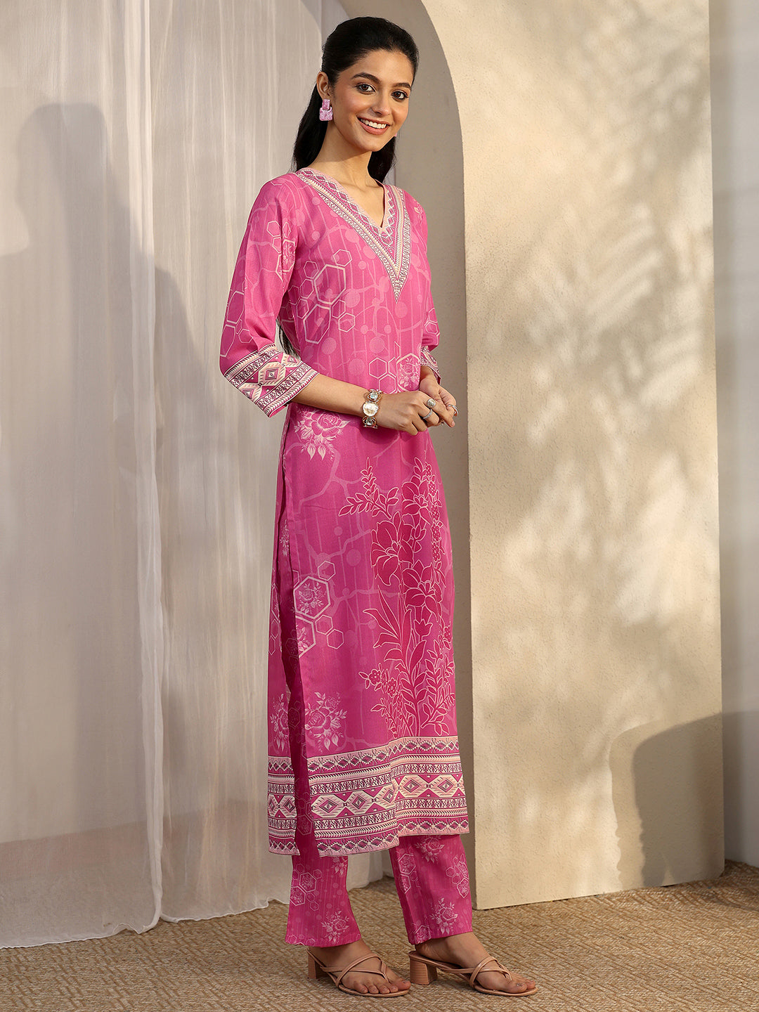Pink Printed Cotton Blend Straight Suit Set With Dupatta