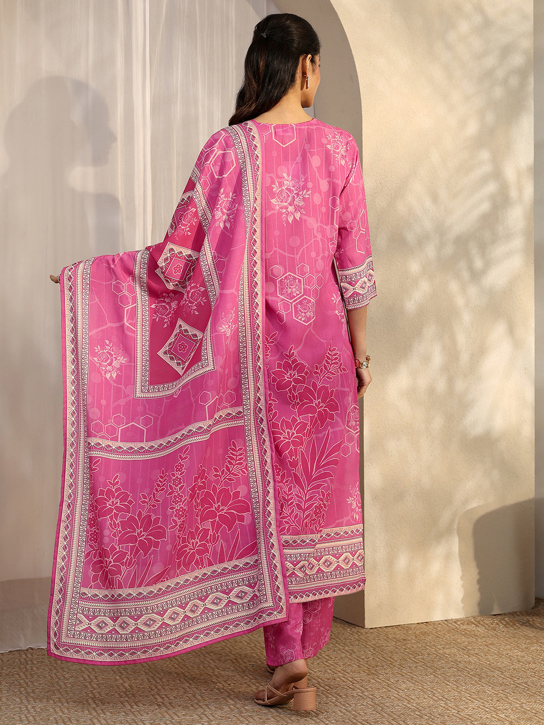 Pink Printed Cotton Blend Straight Suit Set With Dupatta
