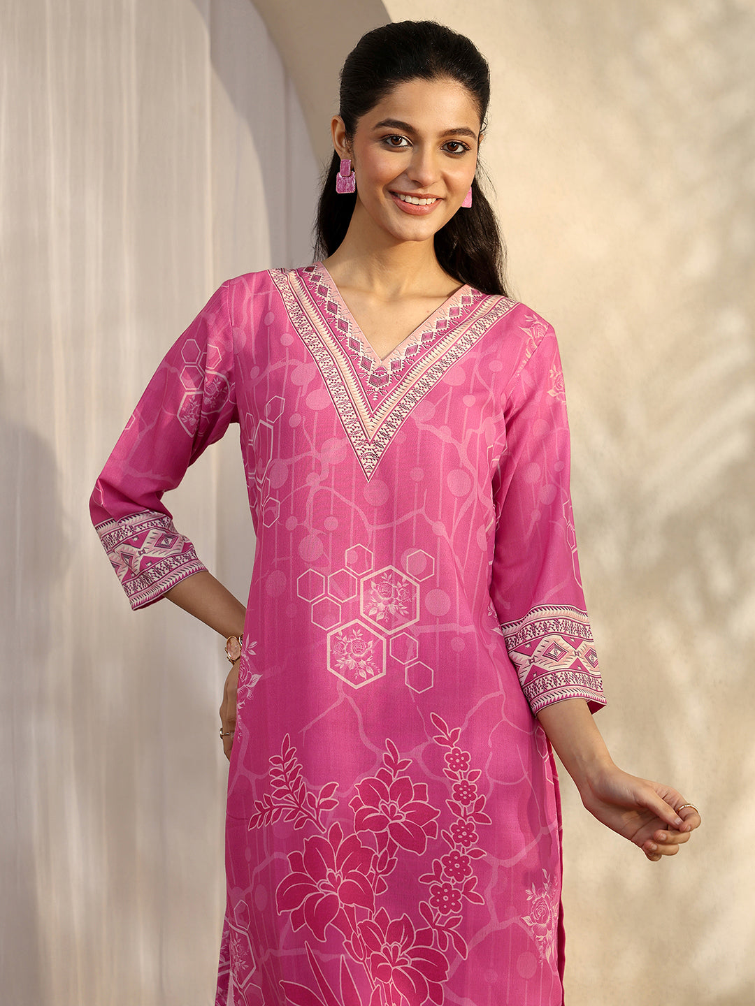 Pink Printed Cotton Blend Straight Suit Set With Dupatta