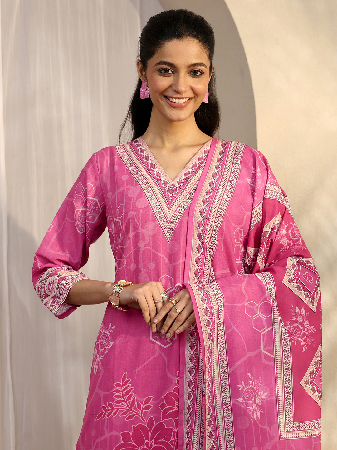 Pink Printed Cotton Blend Straight Suit Set With Dupatta