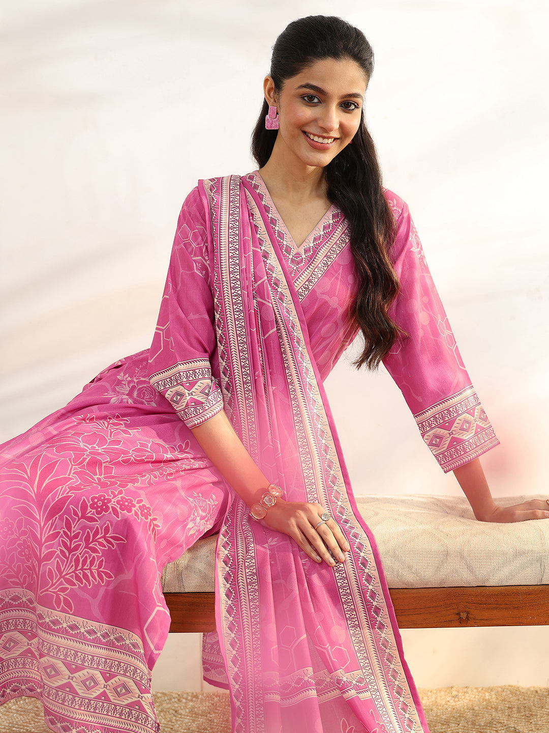 Pink Printed Cotton Blend Straight Suit Set With Dupatta