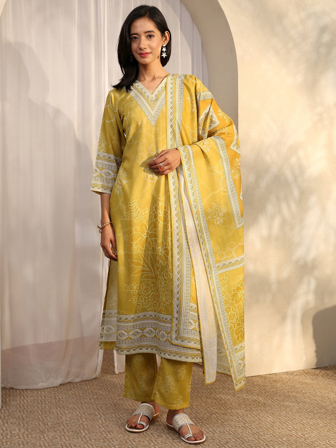 Mustard Printed Cotton Blend Straight Suit Set With Dupatta