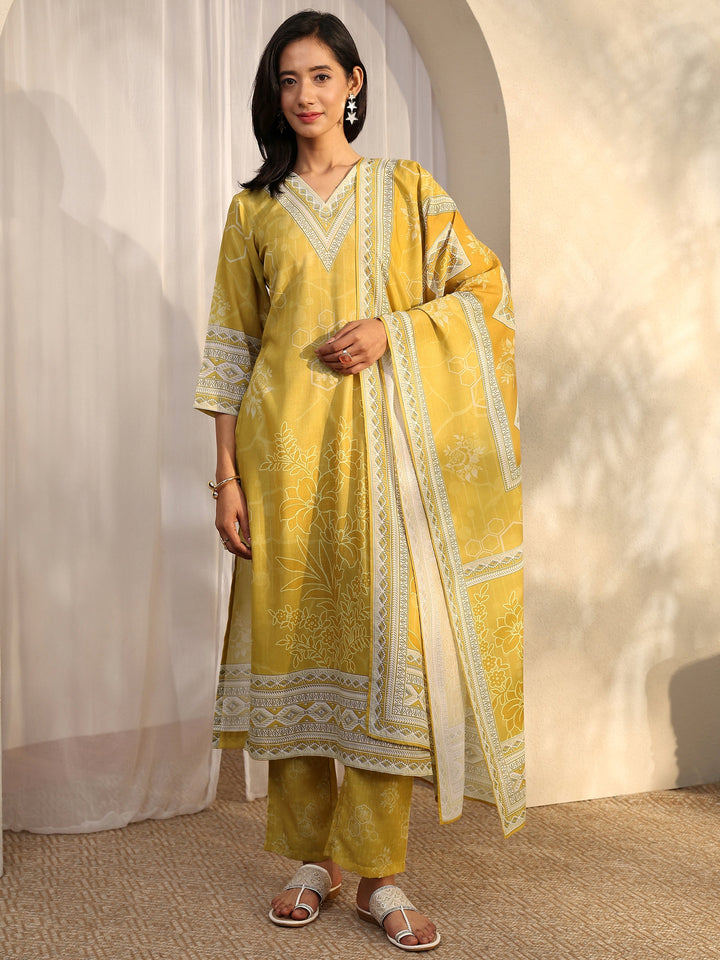 Mustard Printed Cotton Blend Straight Suit Set With Dupatta