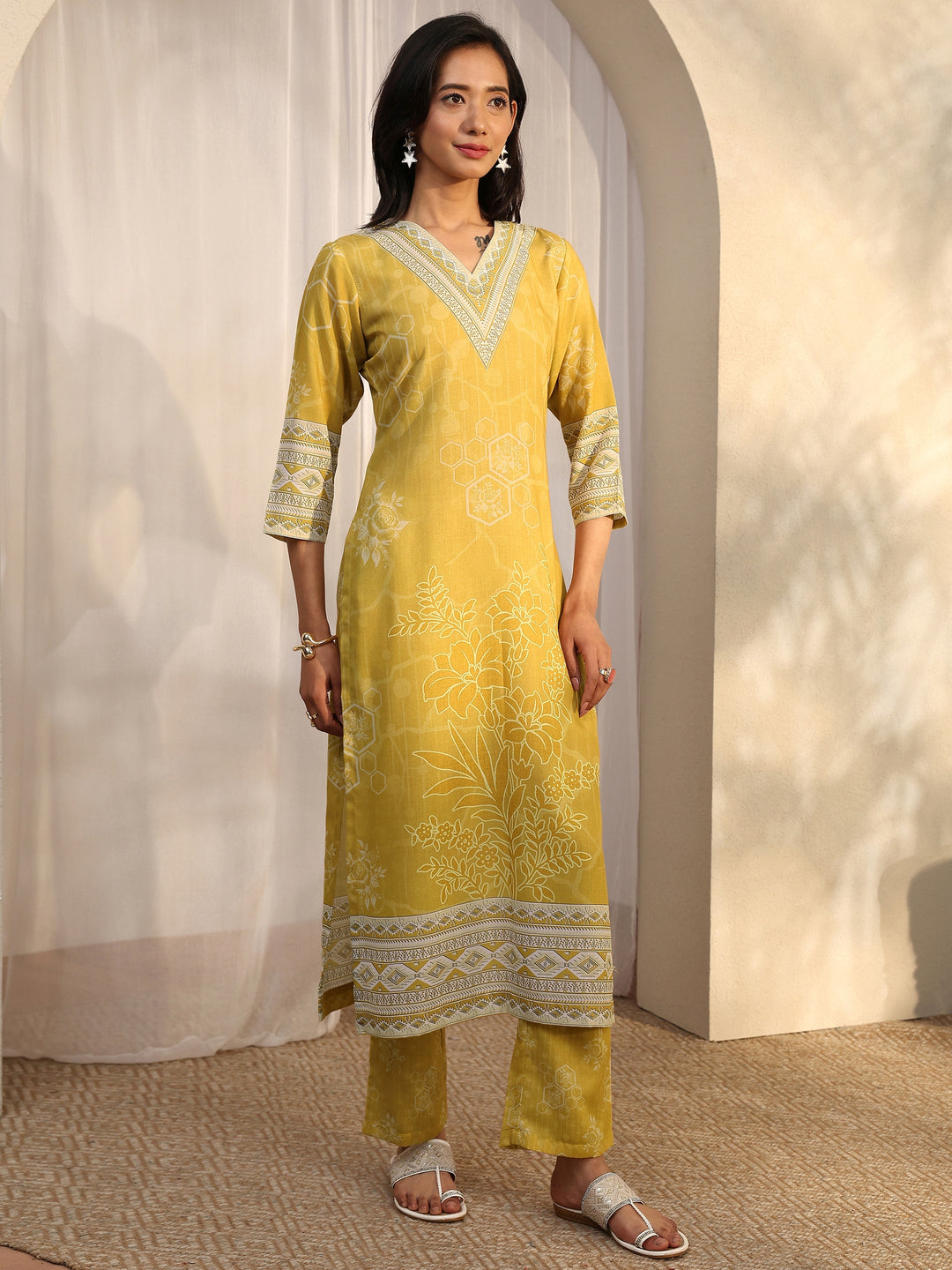 Mustard Printed Cotton Blend Straight Suit Set With Dupatta