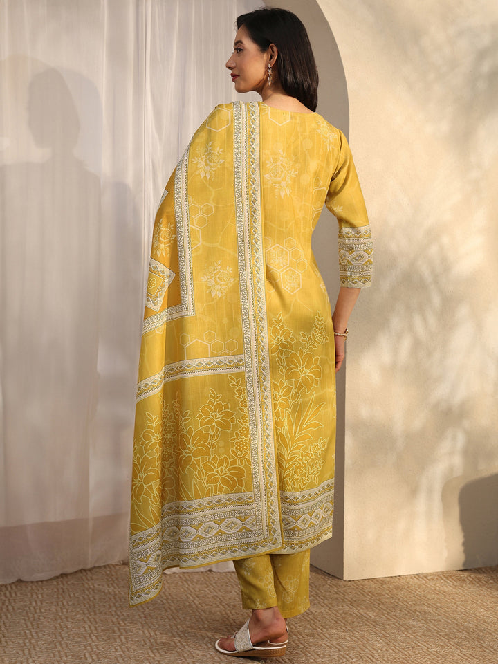 Mustard Printed Cotton Blend Straight Suit Set With Dupatta