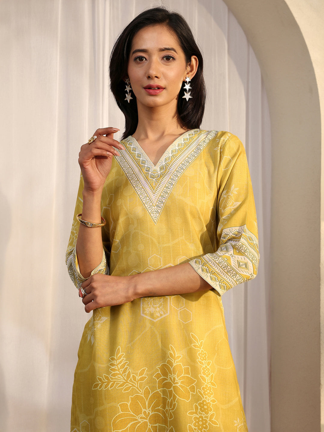 Mustard Printed Cotton Blend Straight Suit Set With Dupatta