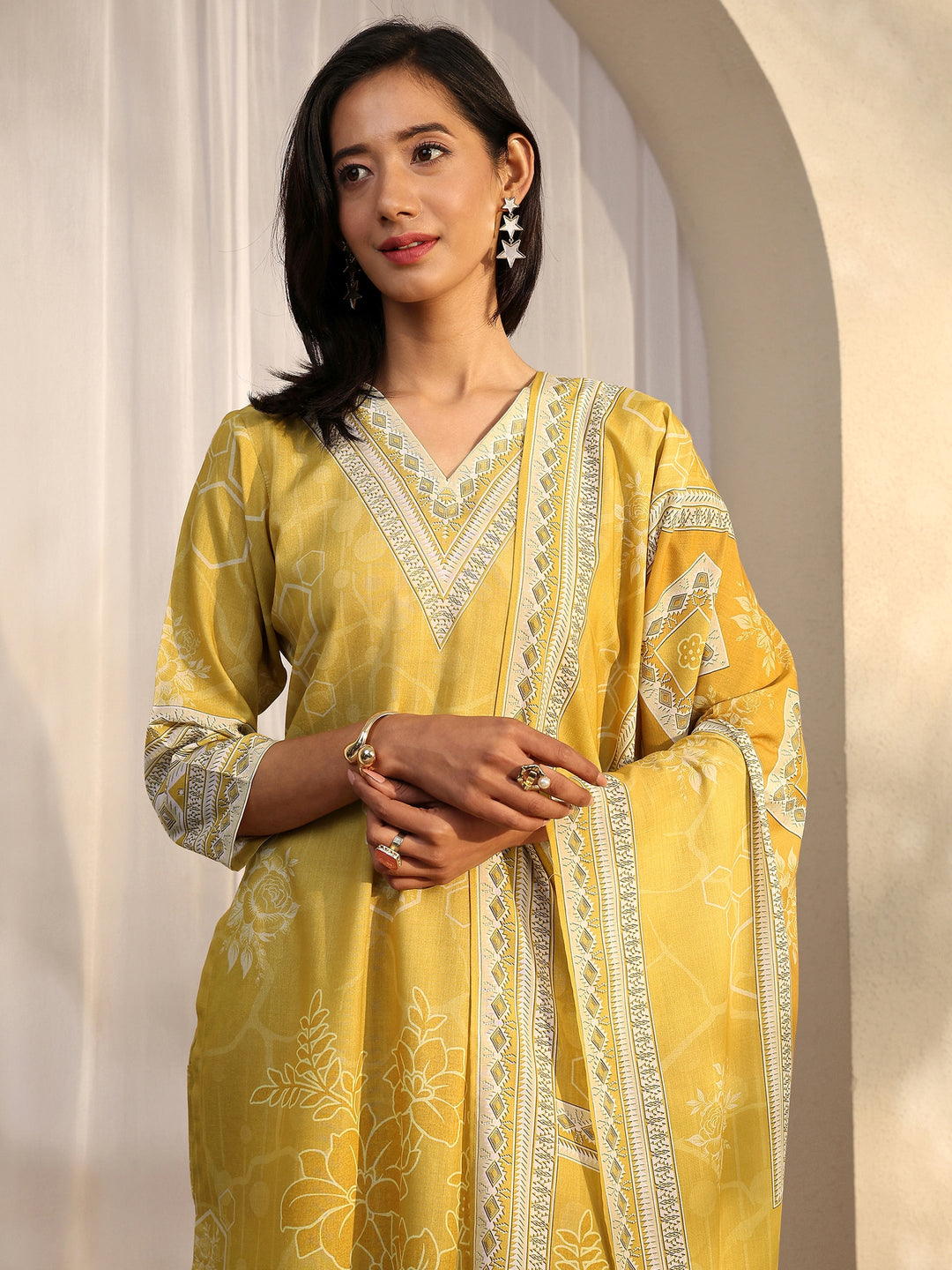 Mustard Printed Cotton Blend Straight Suit Set With Dupatta