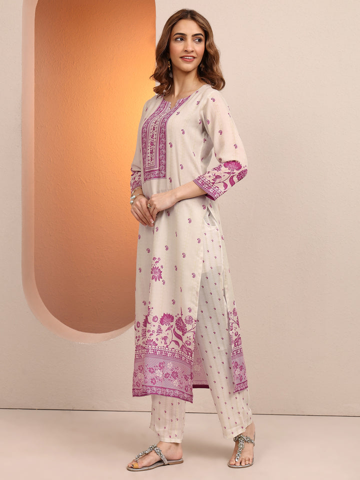 Pink Printed cotton blend Straight Suit Set With Dupatta