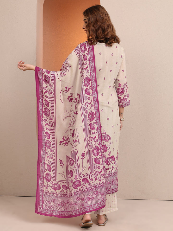 Pink Printed cotton blend Straight Suit Set With Dupatta