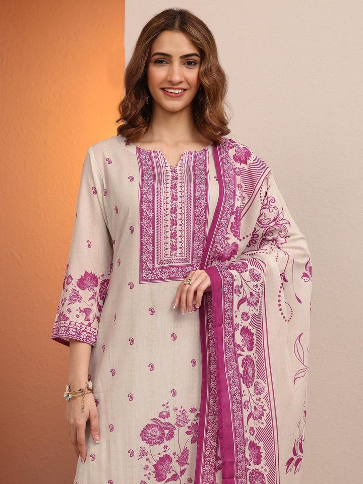 Pink Printed cotton blend Straight Suit Set With Dupatta