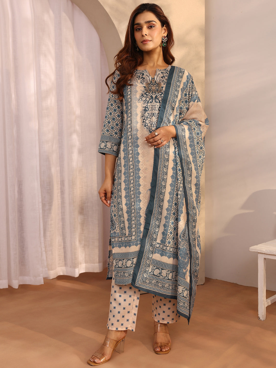 Blue Printed cotton blend Straight Suit Set With Dupatta