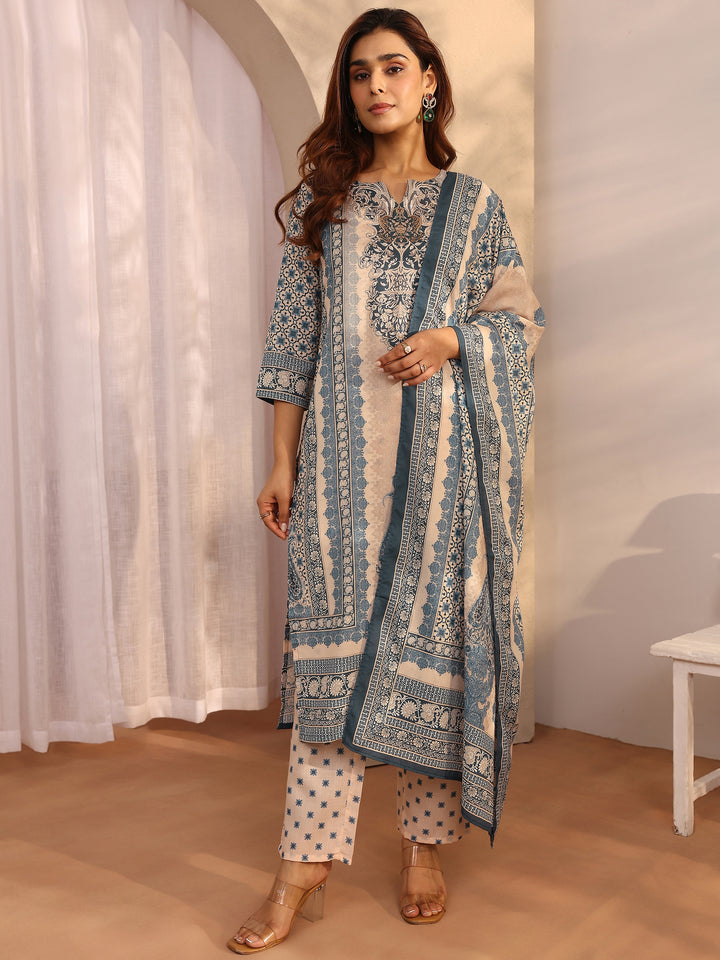 Blue Printed cotton blend Straight Suit Set With Dupatta