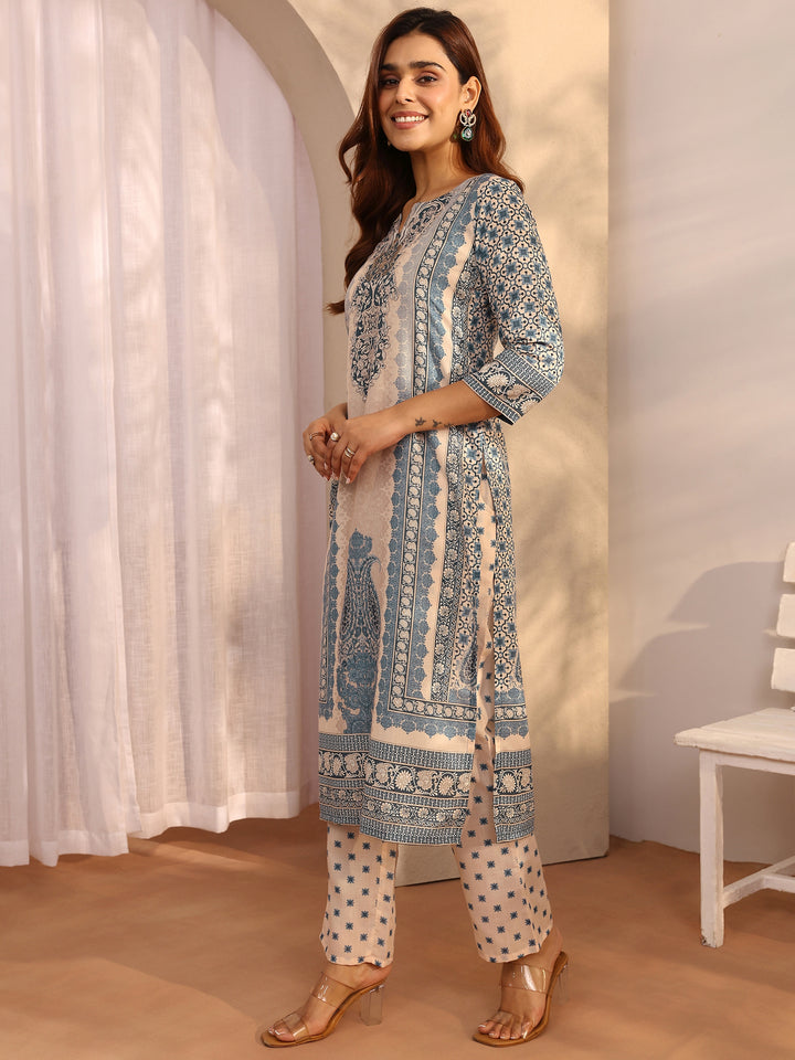 Blue Printed cotton blend Straight Suit Set With Dupatta