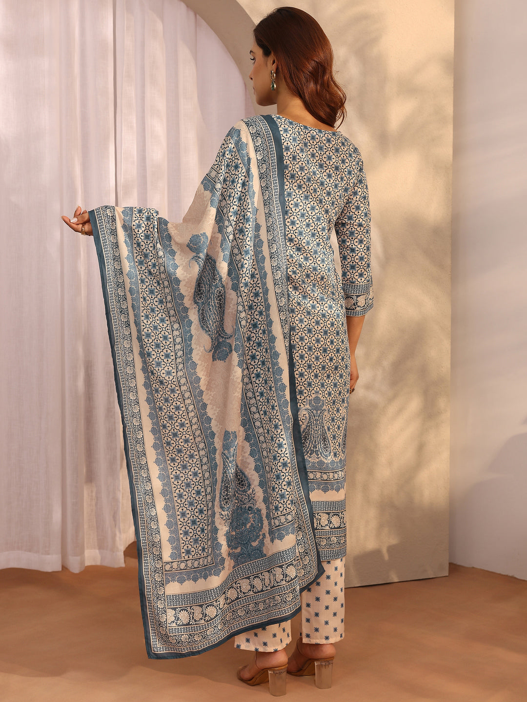 Blue Printed cotton blend Straight Suit Set With Dupatta