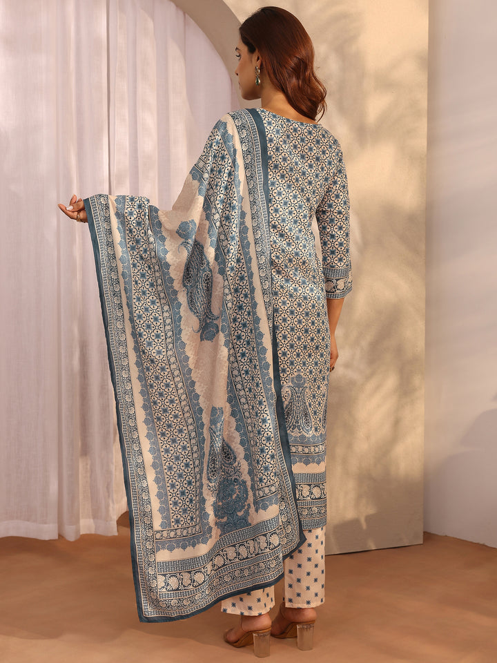 Blue Printed cotton blend Straight Suit Set With Dupatta