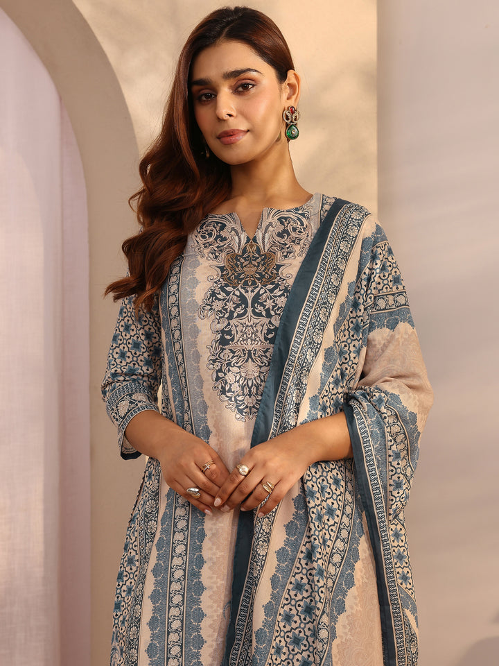Blue Printed cotton blend Straight Suit Set With Dupatta