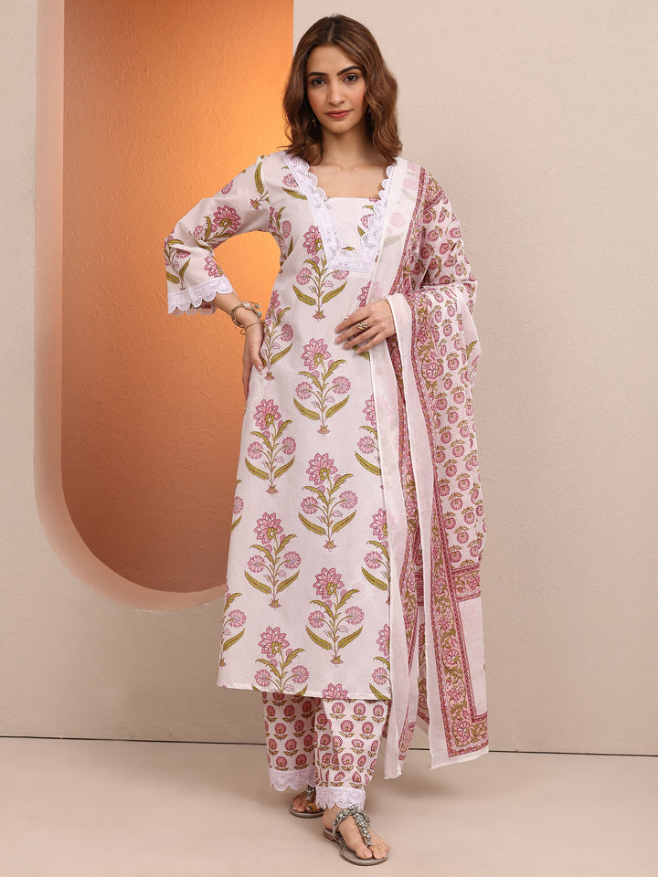 Off White Printed Cotton Straight Suit Set With Dupatta